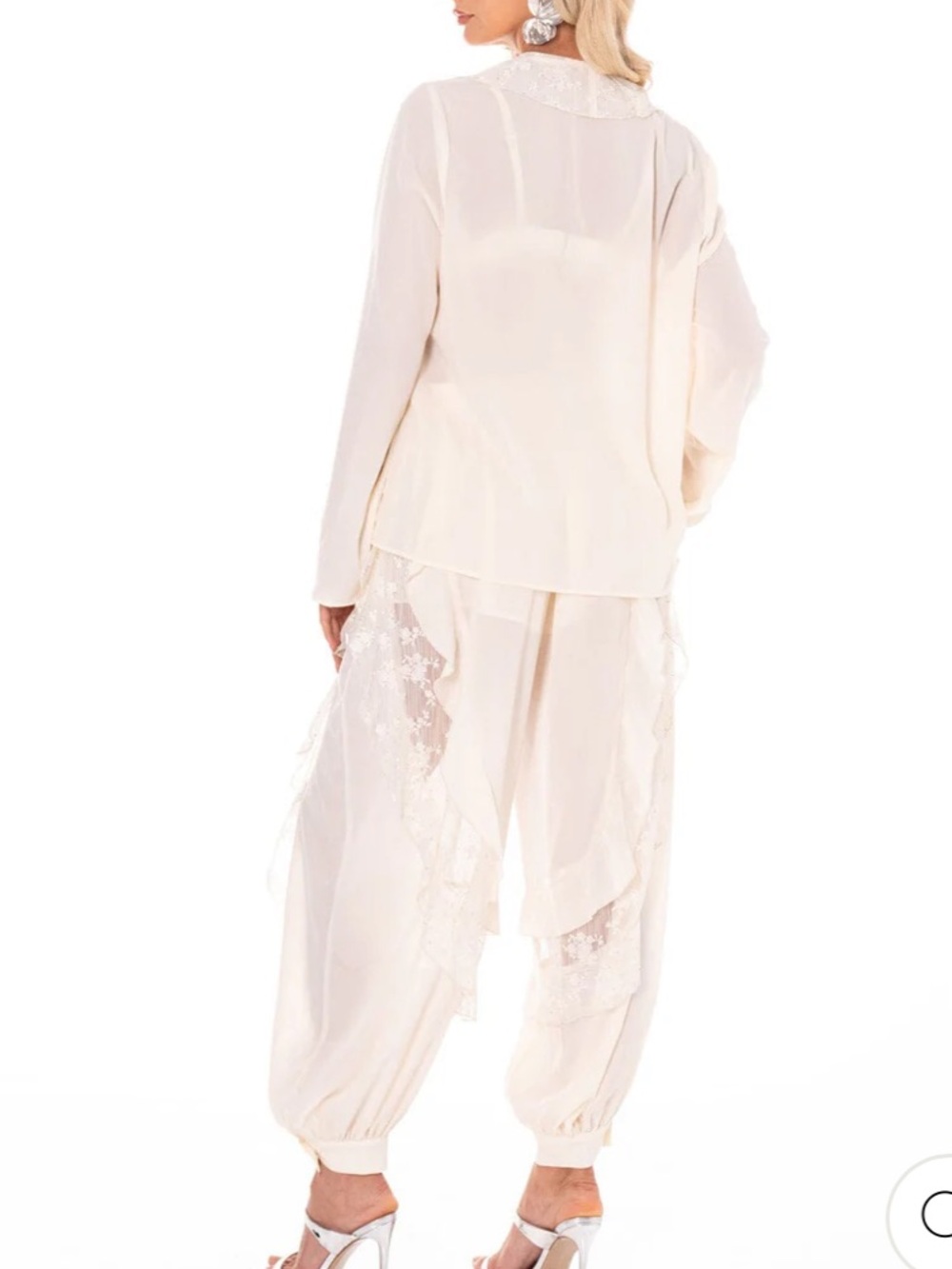 Lace Inset Floral & Ruffle Accent Elastic Waist Pant SET w Rhinestone Studs - Picture 2 of 3